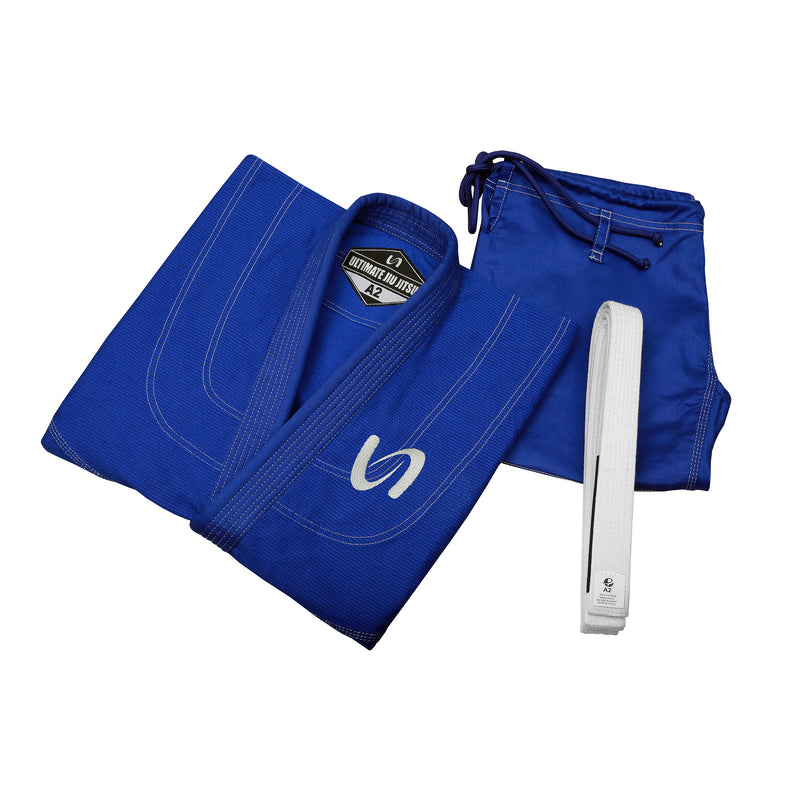 UFG - Essential Brazilian Jiu-Jitsu Kimono BJJ Gi Uniform - unisex Kids Adults (White Belt Included) - Blue A2L