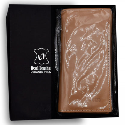 BJJ - NATURAL GRAIN COWHIDE LEATHER WESTERN LONG WALLET WITH MULTI-CARD CAPACITY BIFOLD