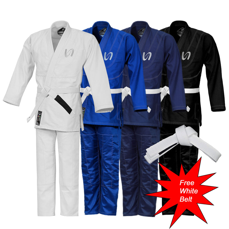 UFG - Essential Brazilian Jiu-Jitsu Kimono BJJ Gi Uniform - unisex Kids Adults (White Belt Included) - Blue A2L